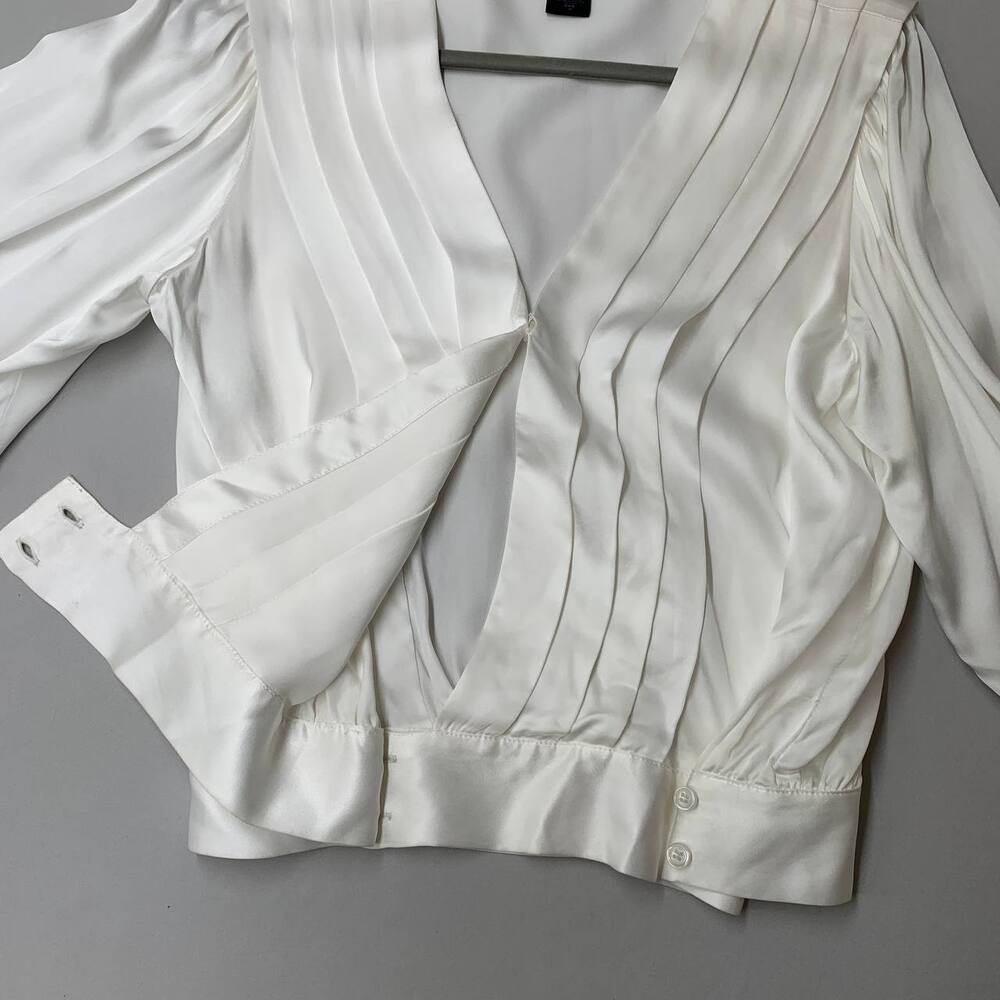 SMYTHE Women Pleated Crossover Blouse M Ivory Satin Viscose Top Balloon Sleeve - Picture 6 of 11